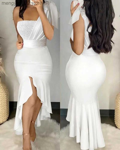 Vestidos casuais básicos vestidos sexy para mulheres 2023 contraste lantejoulas um ombro sem mangas sereia magro assimétrico vestido de festa casamento convidado t231026