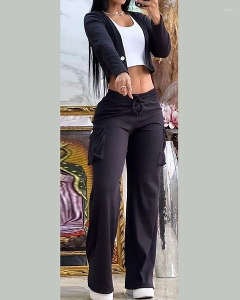 Женские брюки из двух предметов, элегантные комплекты для женщин, комплект из 2 предметов, укороченный топ на пуговицах, с карманами и шнурком, комплект брюк с длинными рукавами, 2023