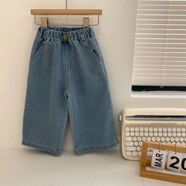 Calças 2023 primavera crianças soltas denim sólido meninas bolso jeans algodão crianças calças casuais moda meninos