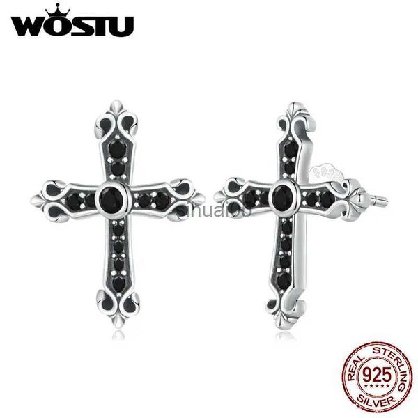 Stud WOSTU Reale 925 Sterling Silver Vintage Orecchini croce per le donne Cool Black Zircon Punk Ear Studs Gioielli di moda Regalo del partito YQ231026