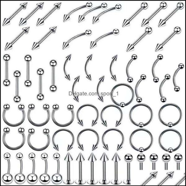 Jewelrystainless çelik set dil halkaları gövde piercing kaş göbek burun tırnak mücevherleri 120 Bütün damla teslimat 293p