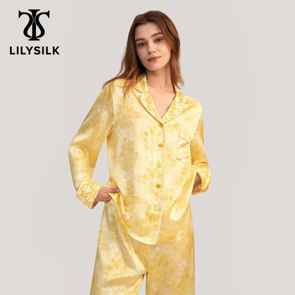 Indumenti da notte da donna LILYSILK 19 Momme Set pigiama in raso di seta dorato 2023 Femme Casual 2 pezzi Tute da donna