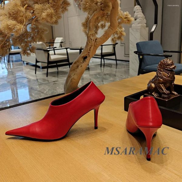 Sapatos de vestido sexy vermelho apontou toe stiletto real couro feminino formal marca outono e grande tamanho bombas de salto alto