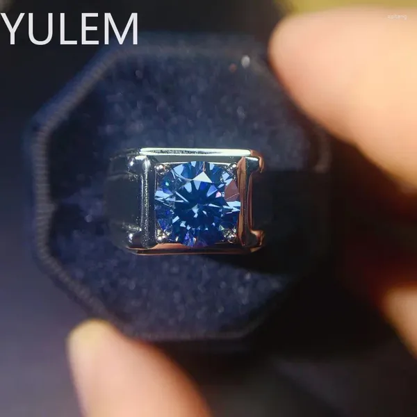 Küme halkaları yulem mavi moissanite adam yüzük 3 9mm yuvarlak mükemmel kesim gerçek elmas geçmiş düğün takı