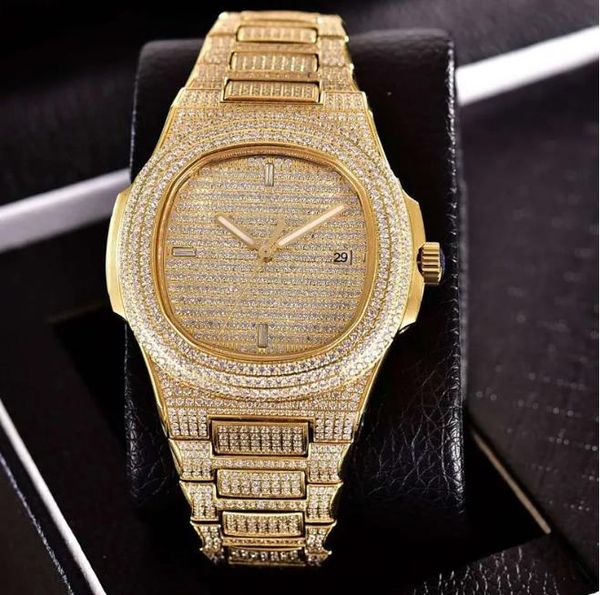 Full Iced Out Watch CZ Diamond pp Watch luxo Mens caso de ouro amarelo diamantes relógios eta movimento mecânico relógios de pulso à prova d'água