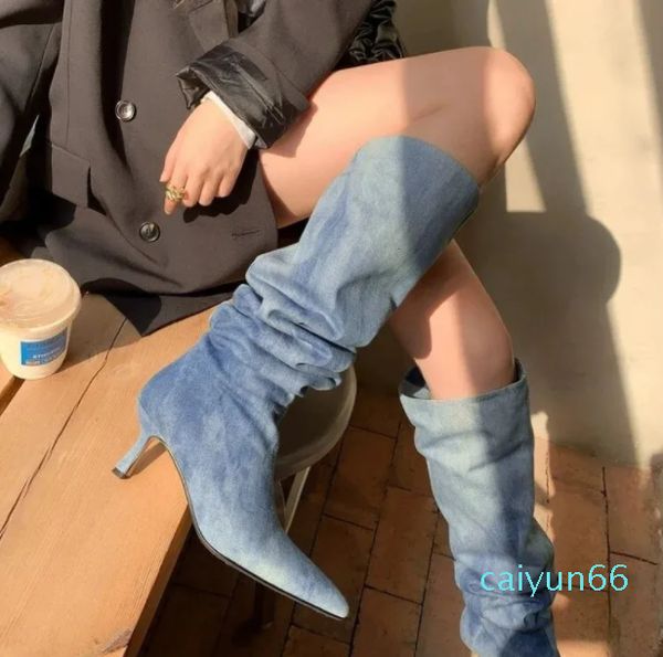 Stiefel Blau Denim Kniehohe Cowboy für Frauen Herbst Plissee Heels Lange Frau Stiletto Heeled Jeans Botas Schuhe