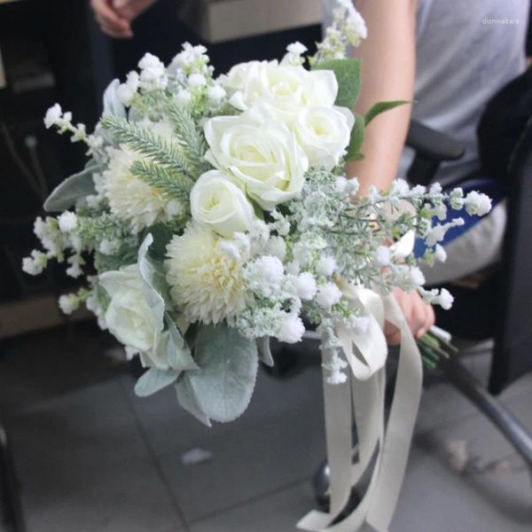 Свадебные цветы, букет цвета слоновой кости для невесты, подружки невесты, искусственная роза, гипсофила, свадебные аксессуары