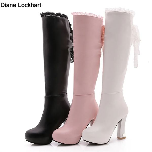 Botas primavera outono joelho alto mulheres moda salto quadrado zíper renda longa mulher sapatos de couro inverno branco rosa preto 231025