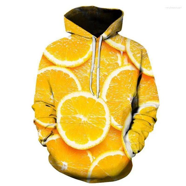 Hoodies masculinos coleção de frutas padrão hoddy 3d laranja impressão moda diversão e pulôver feminino rua suor camisa y2k topos