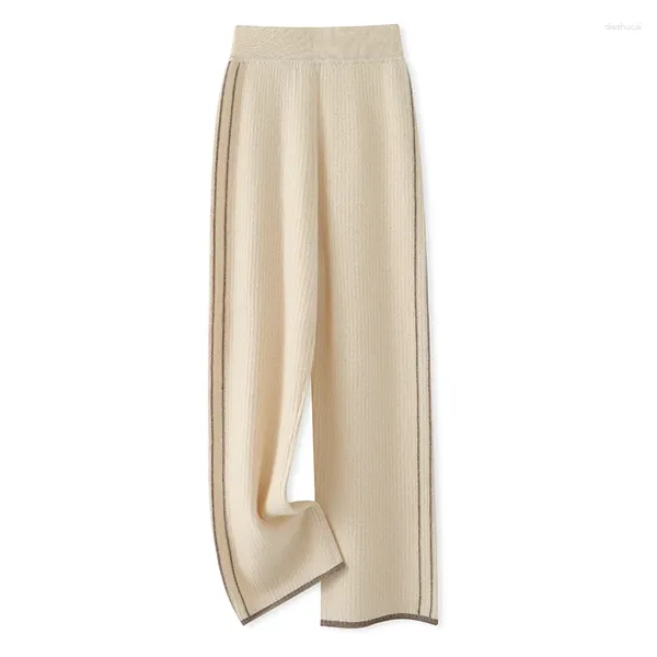 Pantaloni da donna Smpevrg Autunno Inverno Pantaloni lunghi larghi larghi da donna a vita media elasticizzati in maglia di lana a figura intera