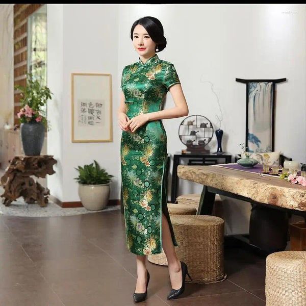 Abbigliamento etnico Cheongsam sexy Classico stile cinese Abito verde Matrimonio femminile Raso Estate Temperamento lungo