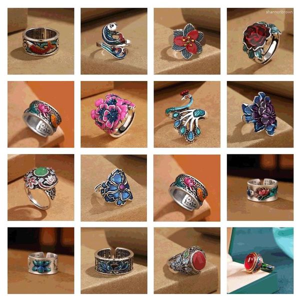 Cluster-Ringe, Vintage-Stil, Ethno-Stil, emailliert, blaue Pfingstrosen-Blume, verstellbarer Ring für Frauen, modischer Blumen-Luxus-Party-Urlaub-Schmuck