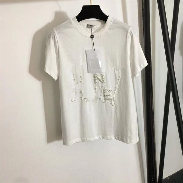 Camiseta feminina manga curta blusa tops pérola prego broca casual jogo magro menina preto branco com tripulação pescoço tees246r