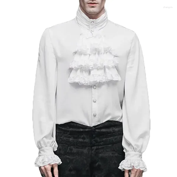 Camisas de vestido masculino branco algodão renda babados gola camisa gótica homens vampiro pirata cosplay roupas anime halloween vitoriano