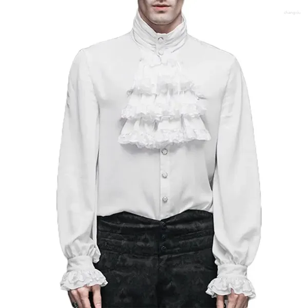 Camicie eleganti da uomo Camicie eleganti in pizzo di cotone bianco con volant colletto alla coreana Camicia gotica da uomo Vampiro Pirata Abiti Cosplay Anime Halloween vittoriano