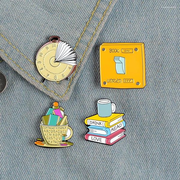 Broches de leitura mundo esmalte pinos comida mental livro tempo relógio saco roupas lapela crachá pino diversão jóias presente crianças amigos