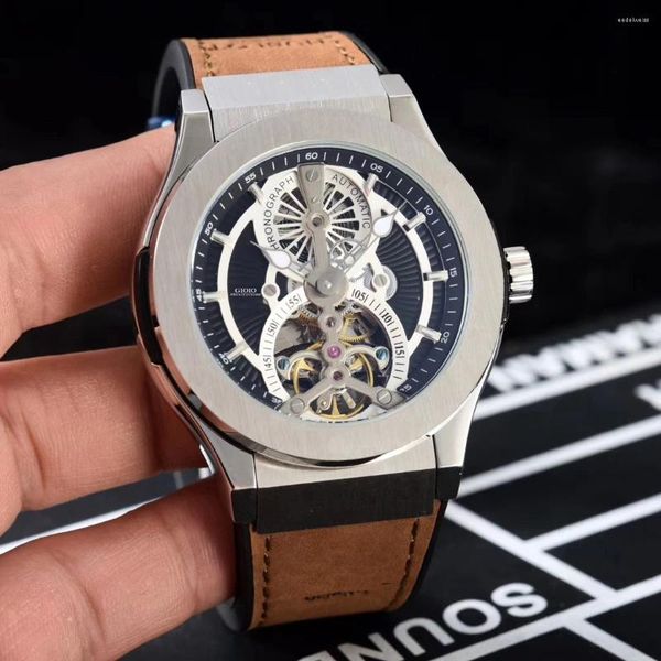 Armbanduhren Luxus Herren Automatik Mechanische Uhr Edelstahl Saphir Tourbillion Gummi Leder Skelett