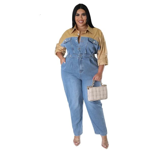 Mulheres Plus Size Macacões Macacões Grandes Mulheres Bonitas Denim Macacão Manga Longa Patchwork Feminino Meninas Streetwear Macacão Lady's Jean 231025