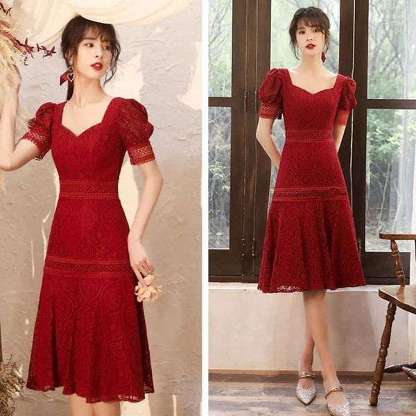 Parti Elbiseleri Dongcmy Şarap Kırmızı genellikle özel etkinlikler için günlük dantel sonbahar küçük elbise giyilebilir
