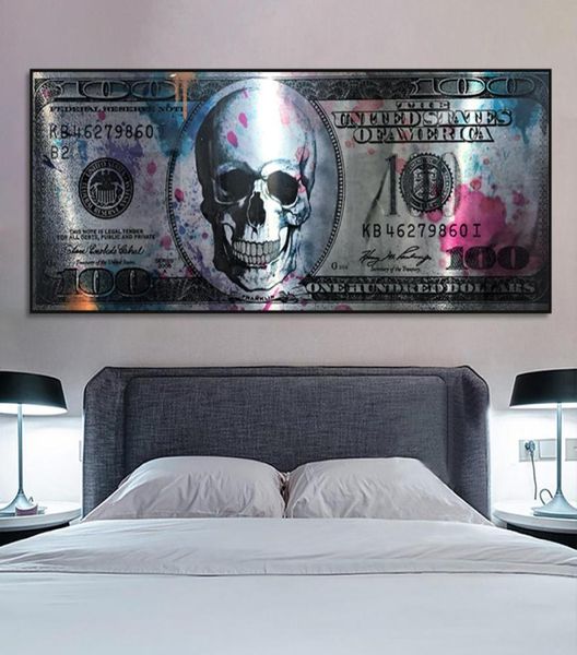 Crânio dólar dinheiro arte lona cartazes e impressões 100 dólares fotos de parede moderna criativa pintura em tela para sala estar decor3241795