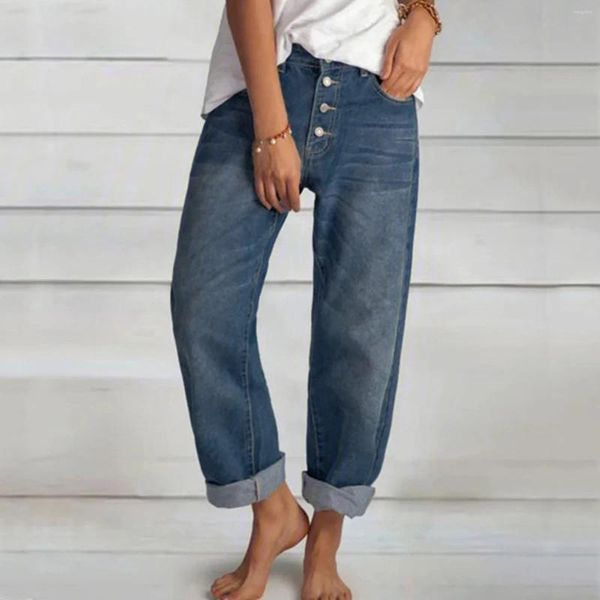 Damen-Jeans, modisch, lässig, hohe Taille, gerade Hose, zerrissene Damen-Jeans, Jogginghose, 18 Strampler für lange Hose