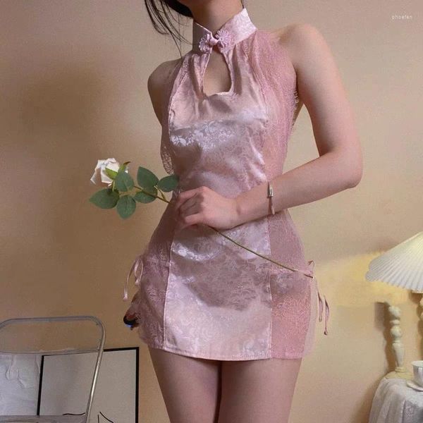 Этническая одежда, сексуальное платье Cheongsam, традиционное китайское кружевное платье с лямкой на шее, улучшенная юбка Ципао, искушение, полые пижамы, женский комплект