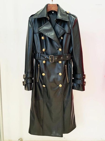 Damen-Trenchcoats HIGH STREET Est 2023 Herbst Winter Designer Zweireiher Löwenknöpfe Kunstleder Langer Mantel