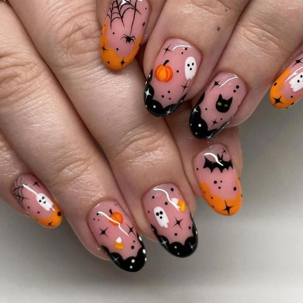 Накладные ногти милые для Хэллоуина короткой формы телесного цвета с кошкой, летучей мышью и тыквой, дизайн, блестящий искусственный акрил
