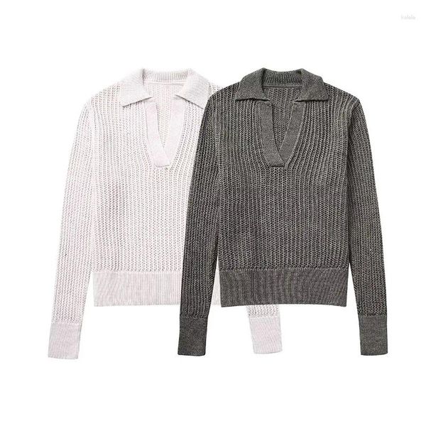 Suéteres femininos Yenkye 2023 Outono Mulheres Manga Longa Openwork Knit Polo Sweater Casual Solto Pulôver Jumper
