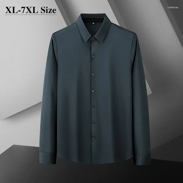 Camisas casuais masculinas plus size negócios baggy macio alta elasticidade sólido vestido de luxo resistente a rugas roupas formais 7xl 6xl