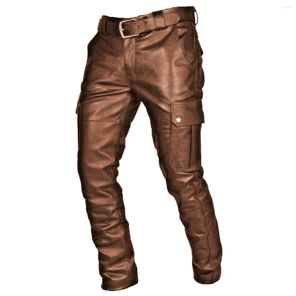 Calças masculinas moda cor sólida estilo punk pu couro lápis bolso magro motocicleta calças plus size streetwear