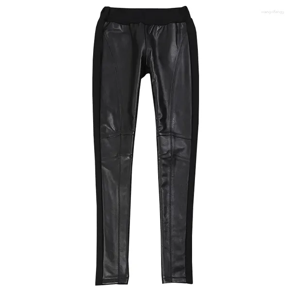 Pantaloni da donna in vera pelle elasticizzata vera pecora femminile a vita alta la cucitura era sottile con tasche F1571