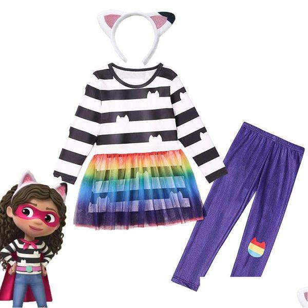 Pijamas Gabbys Dollhouse Meninas Princesa Gatos Tastic Vestidos Calças Conjuntos Roupas Crianças Gabby Cosplay Traje Crianças Roupas de Aniversário Dhivh