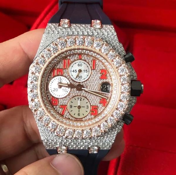 Moissanite Diamonds Watch Iced Out Relógios PASS Diamond TEST Rose Gold Mixed Silver Case Top Quality Mecânico ETA Mechaincal Cronógrafo Mens Relógios de Pulso