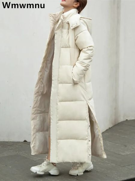 Kadınlar Down Parkas Kış Kapşonlu Uzun Parkas Kadınlar Down Down Pamuklu Kar Aşınma Palto Sıcak yan bölünmüş ceketler gevşek pamuklu yastıklı chequeta 231025