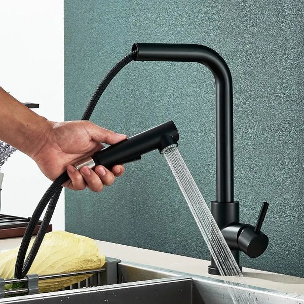 Torneiras de cozinha Preto Pull Out Sink Torneira Flexível 2 Modos Fluxo Pulverizador Bocal Aço Inoxidável Frio Wate Mixer Tap Deck 231026