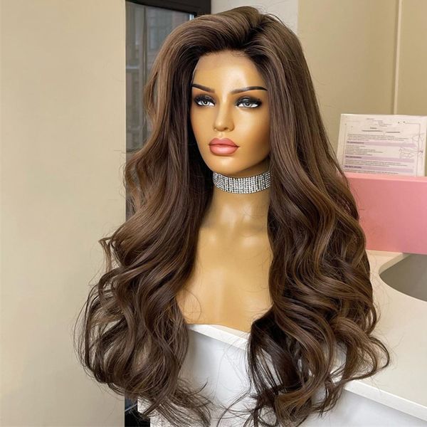 40 Inch Chocolate Brown highlighted Lace Front Wigs Body Wave Brown Lace Front Human Hair Wigs Hd 13x4 Lace Frontal Wig Synthetic Colored