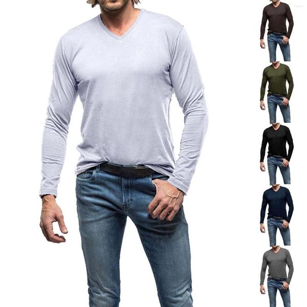 Camisetas masculinas moda outono casual manga comprida em torno do pescoço camisa de cor sólida top masculino pacote de homens