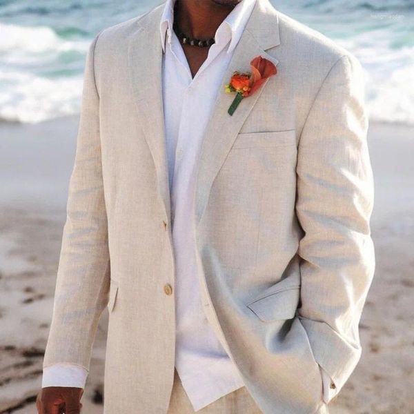 Мужские костюмы бежевого льняного цвета для лета, пляжной свадьбы, комплект из 2 предметов, куртка в американском стиле и брюки, смокинги для жениха, мужская мода 2023