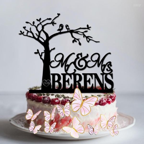 Forniture festive Personalizza il tuo nome Topper per torta nuziale Uccelli su albero Modello Farfalla come regalo Decorazione semplice personalizzata per l'anniversario