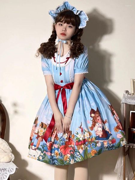 Parti Elbiseleri Kimokokm Lolita Stil Tatlı Girly Elbise Kawaii O-Neck Yay Kontrast Renkler Bahçe Baskı Puf Sleve Dantel Çırpma