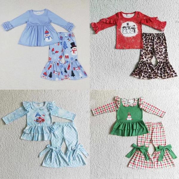 Комплекты одежды оптом, рождественский комплект со снеговиком для малышей, топы с длинными рукавами и рюшами, детская одежда, брюки-клеш для маленьких девочек