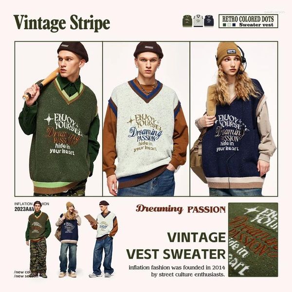 Coletes masculinos inflação vintage blusas coloridas colete unisex 2023 outono inverno moda malhas v-pescoço pullovers