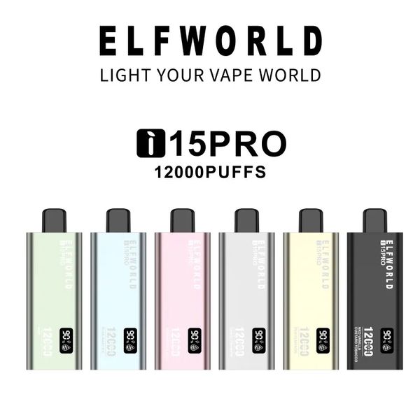 Original Elfworld i15Pro 12000puffs Mesh Coil 10 sabores Tipo-C Carregamento 18ml Pod pré-preenchido com bateria de 600mah Display 10 sabores 0% 2% 5% Cigarros eletrônicos descartáveis