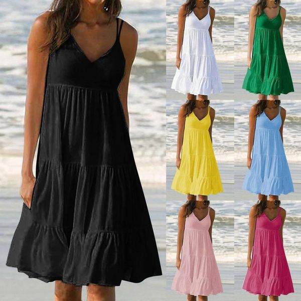 Sıradan Elbiseler Kadın Yaz Elbisesi 2023 Kolsuz Katı Gevşek Kısa Kısa Pilalı Sundresses