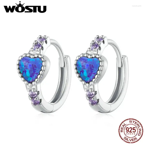 Çember Küpe Wostu Aşk Kalbi Kadınlar için Gerçek 925 STERLING Gümüş Mavi Opal Mor Zirkon Kulak Klipler Düğün Takı Partisi Hediye