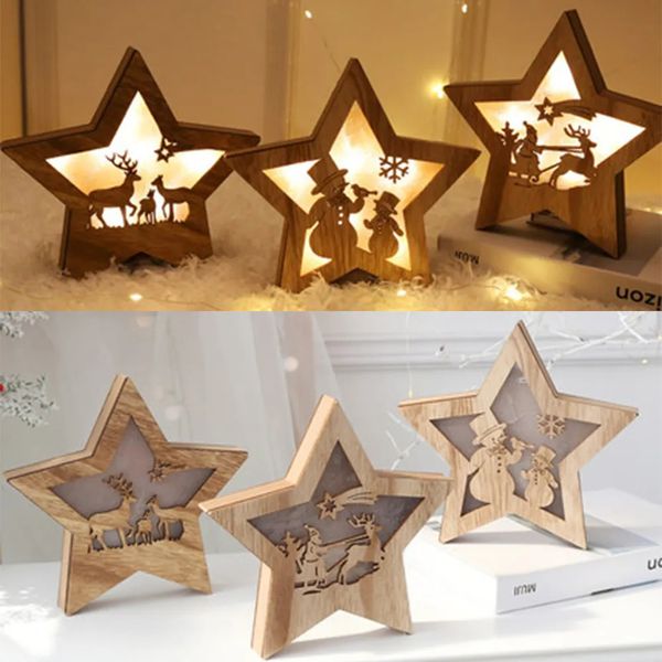 Decorazioni natalizie Stella di Natale Ornamenti in legno con luci Stile nordico Vecchio pupazzo di neve Ornamenti stella Illuminazione della casa Decorazioni natalizie 231027