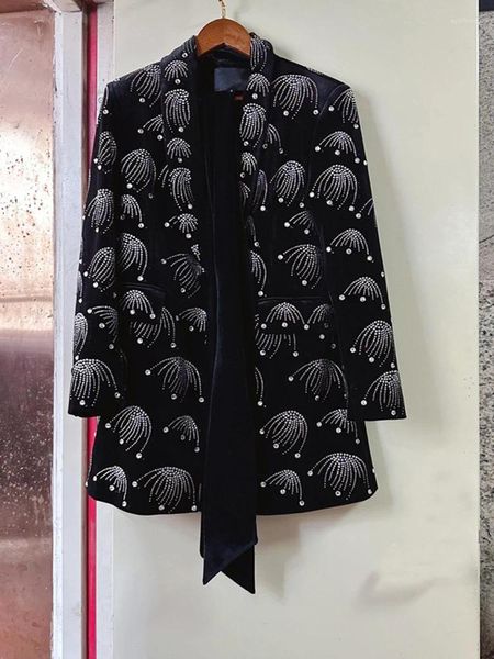 Женские костюмы HIGH STREET Est Fashion 2023 Дизайнерская куртка Бархатный пиджак с длинными рукавами и бриллиантами и бисером с поясом