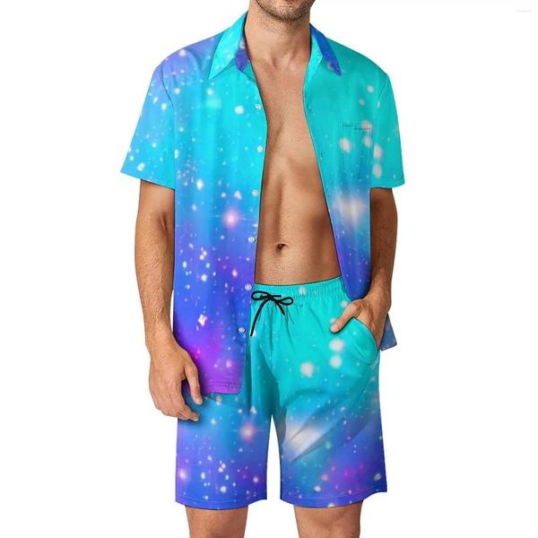 Erkeklerin izleri soyut galaksi erkekler mavi ve pembe gündelik şortlar yaz yenilik plaj gömlek seti kısa kollu desen büyük boy takım hediyesi