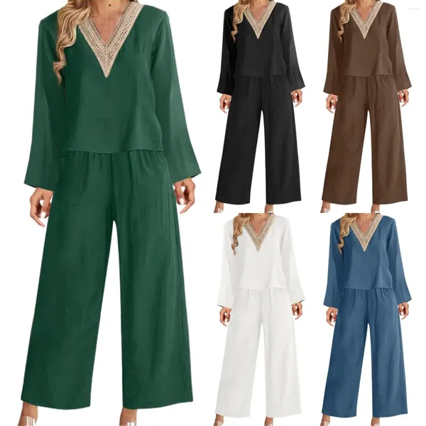 Fitnessstudio-Kleidung, V-Ausschnitt, Baumwolle und Leinen, lässiges Oberteil, langärmelige Damenhose, Damen-Jumpsuit für Hochzeitsgäste, Ballanzüge für Damen, Hosenanzug